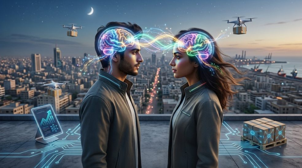 two people facing one another with glowing brains linked by luminous neural energy, symbolizing telepathy, intuition, thought transfer, and the distinction from mind reading.