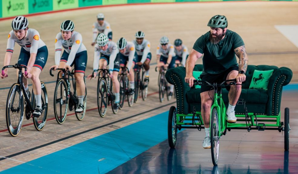 Rugby star Joe Marler is backing the new app A man on a trike watches cyclists in a velodrome