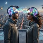 two people facing one another with glowing brains linked by luminous neural energy, symbolizing telepathy, intuition, thought transfer, and the distinction from mind reading.