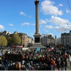 Crowd gathered in Trafalgar Square during a London protest with police presence, reflecting public safety and how demonstrations impact safety in London