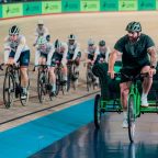 Rugby star Joe Marler is backing the new app A man on a trike watches cyclists in a velodrome