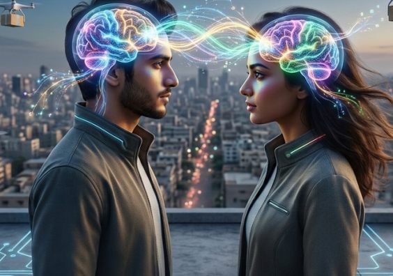 two people facing one another with glowing brains linked by luminous neural energy, symbolizing telepathy, intuition, thought transfer, and the distinction from mind reading.